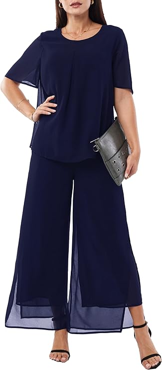 Women's 2 Piece Chiffon Sets Outfits Flowy Ruffle Layers Casual Dressy Wedding Guest Pant Suits