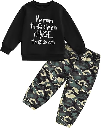 wdehow Toddler Kids Baby Boy Fall Outfits 1T 2T 3T 4T 5T Letter Print Long Sleeve Tops Camouflage Pants Winter Clothes Sets