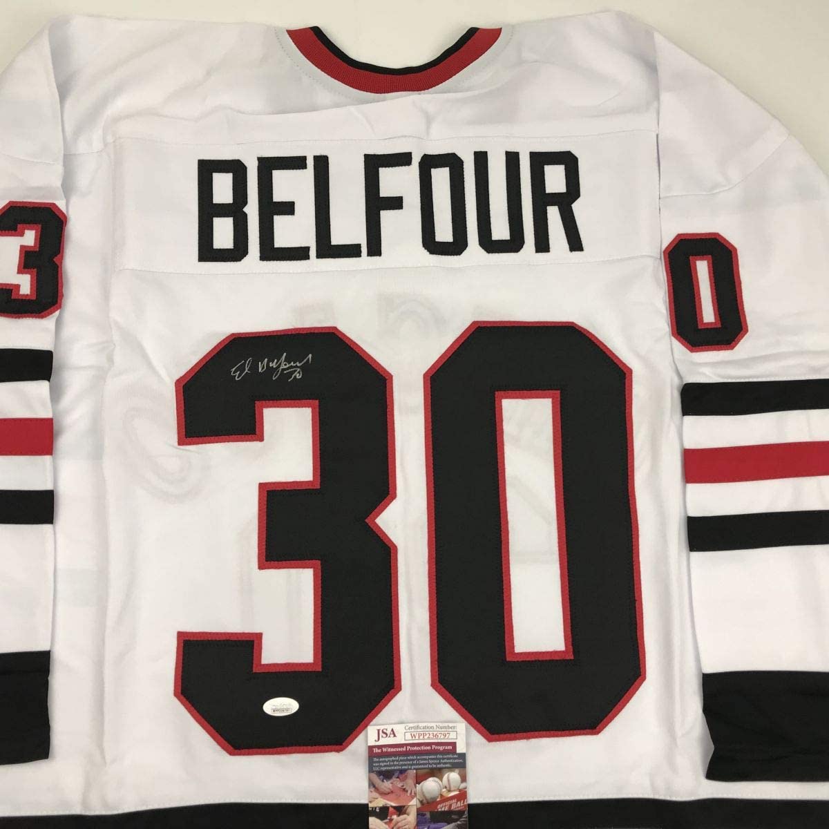 Autographed/Signed Ed Belfour Chicago White Hockey Jersey JSA COA