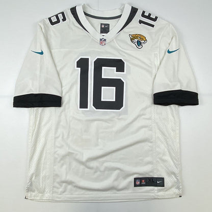 Autographed/Signed Trevor Lawrence Jacksonville Jaguars White Nike Game Football Jersey Fanatics COA