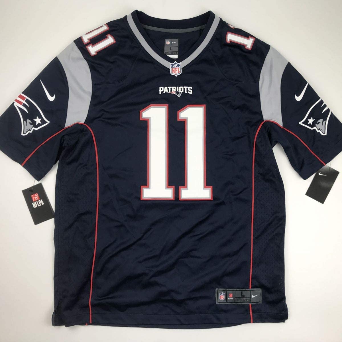 Autographed/Signed Julian Edelman New England Blue Nike Football Jersey Beckett BAS COA