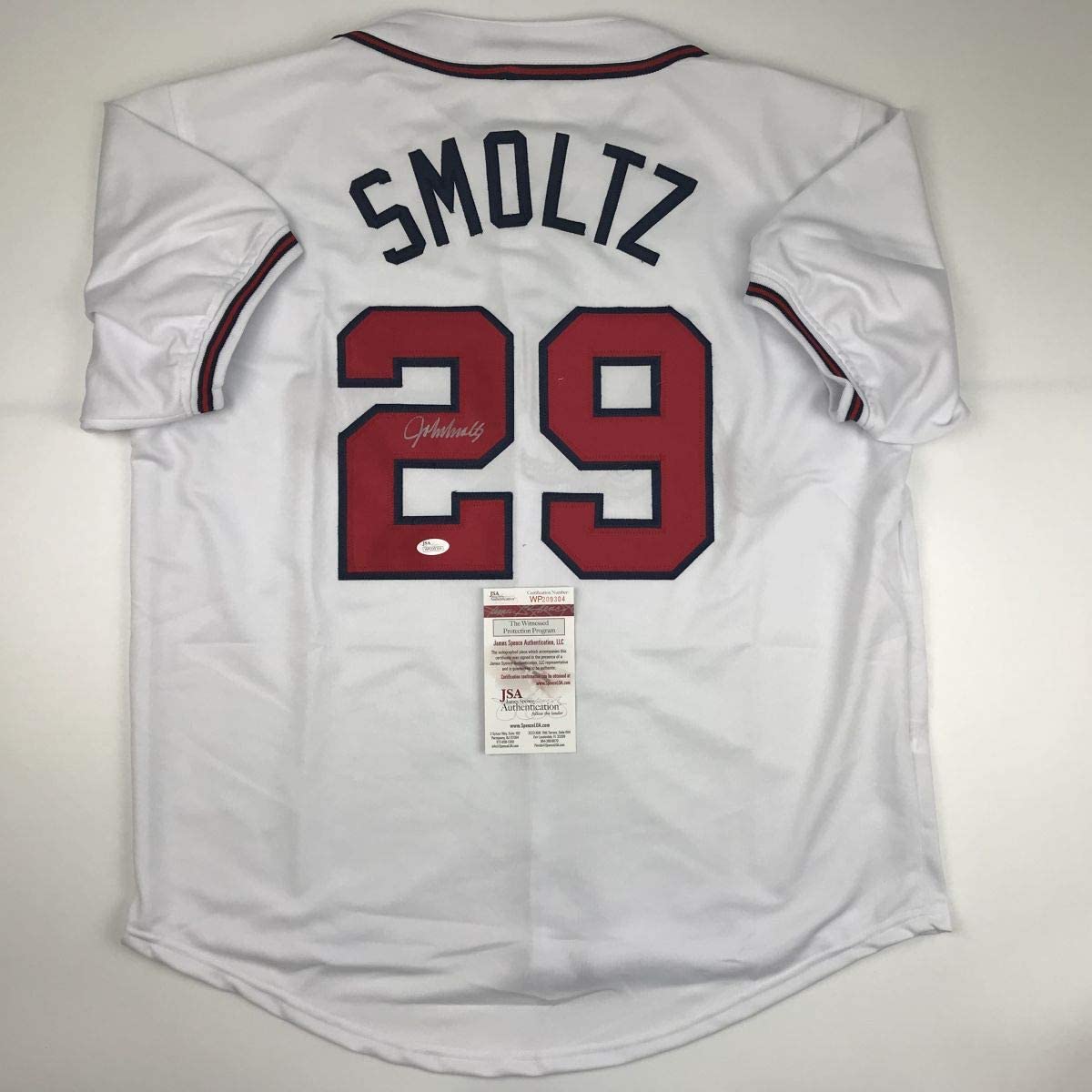Autographed/Signed John Smoltz Atlanta White Baseball Jersey JSA COA