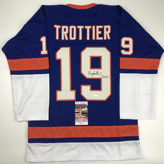 Autographed/Signed Bryan Trottier HOF 97 New York Blue Hockey Jersey JSA COA