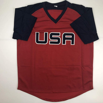 Autographed/Signed Jennie Finch USA Red Stat Team United States Softball Jersey JSA COA
