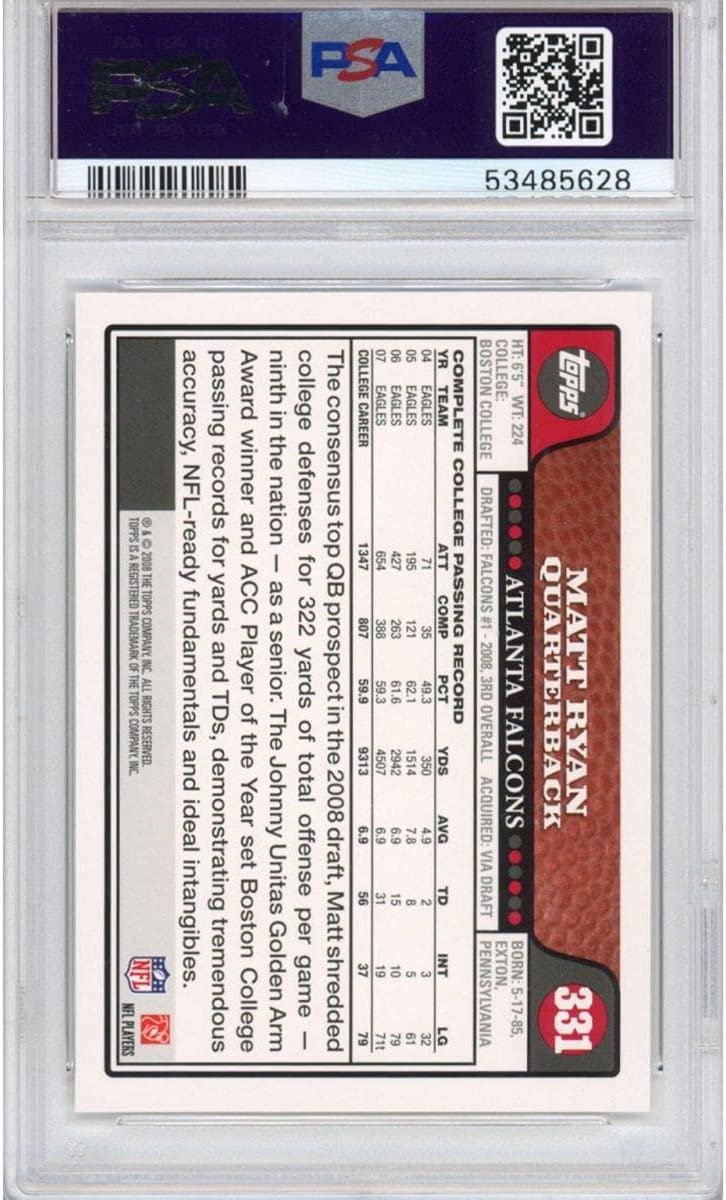 Graded 2008 Topps Matt Ryan #331 Rookie RC Football Card PSA 10 Gem Mint