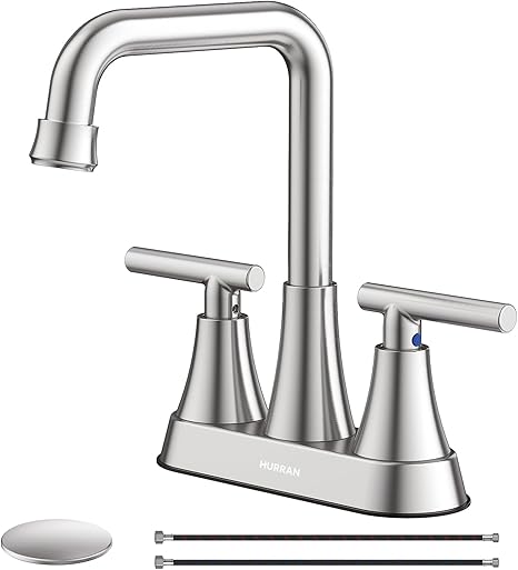 Bathroom Sink Faucet, Hurran 4 inch Brushed Nickel Bathroom Faucets for Sink 3 Hole with Pop-up Drain and Supply Lines, Stainless Steel 2-Handle Centerset Faucet for Bathroom Sink Vanity RV Restroom