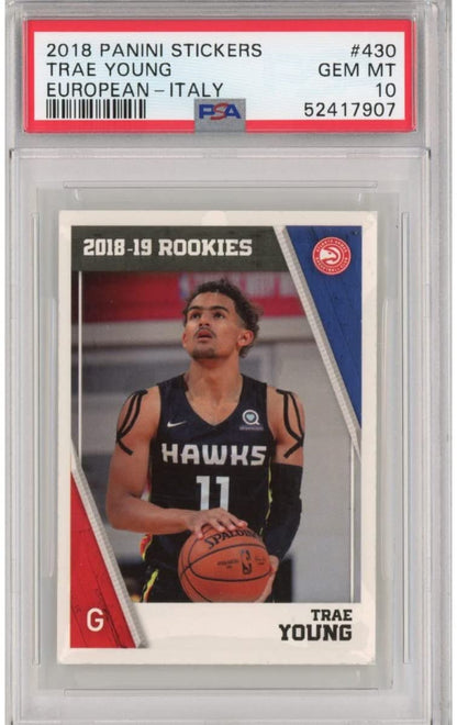 Graded 2018-19 Panini Stickers Trae Young #430 European Italy Rookie RC Basketball Card PSA 10 Gem Mint