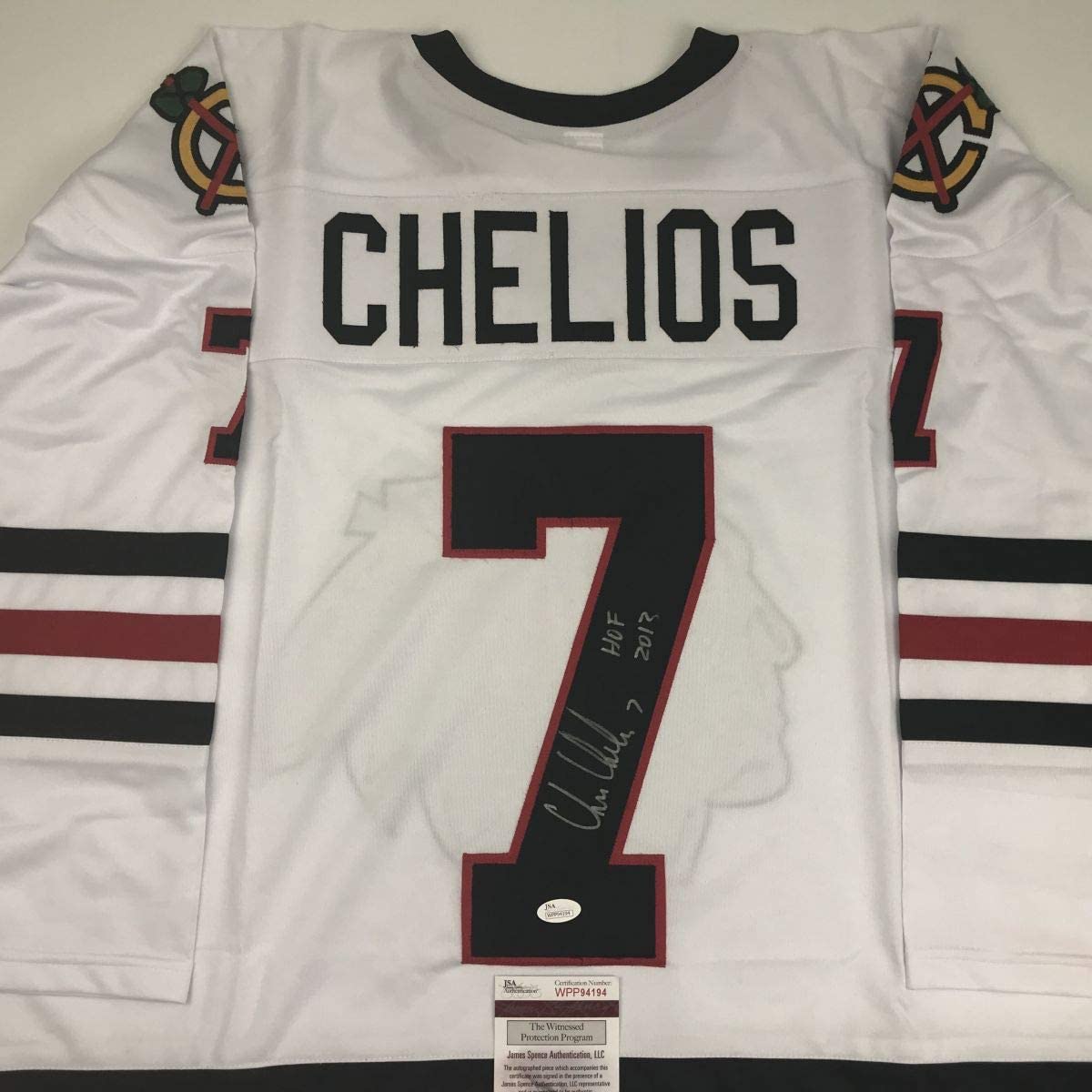 Autographed/Signed Chris Chelios HOF 2013 Chicago White Hockey Jersey JSA COA