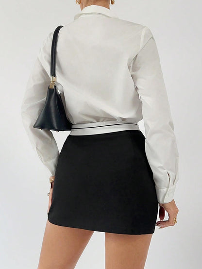 Floerns Women's Contrast Trim Business Workwear Skirts Bodycon Mini Skirt Black Medium