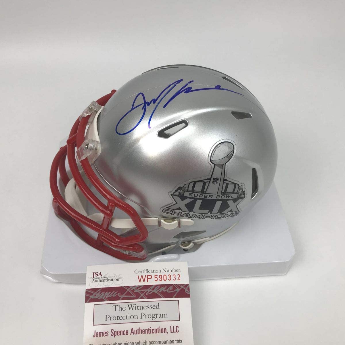 Autographed/Signed Julian Edelman Super Bowl XLIX New England Patriots Football Mini Helmet JSA COA