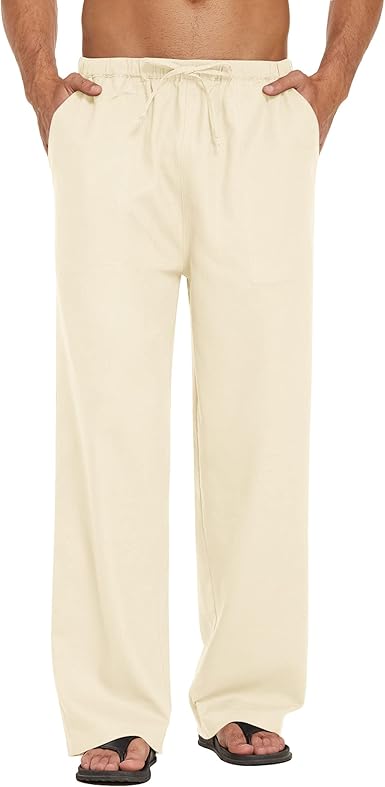 COOFANDY Mens Casual Linen Drawstring Pants Elastic Waist Lightweight Pant Summer Beach Yoga Trouser