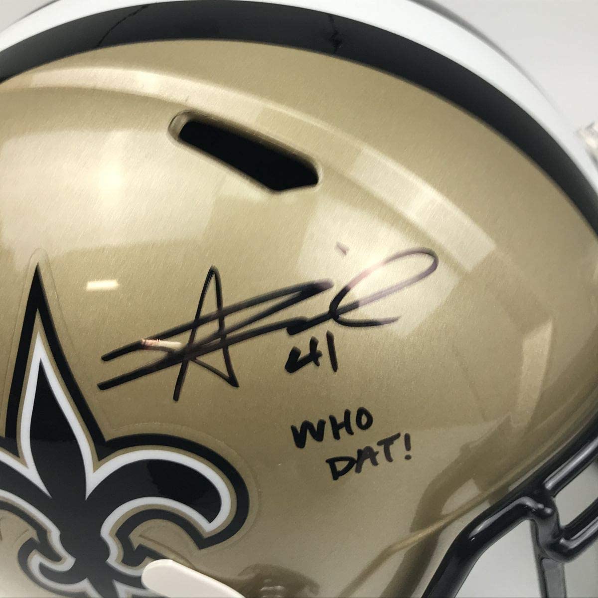 Autographed/Signed Alvin Kamara Who Dat New Orleans Saints Full Size FS F/S Replica Football Helmet Beckett BAS COA