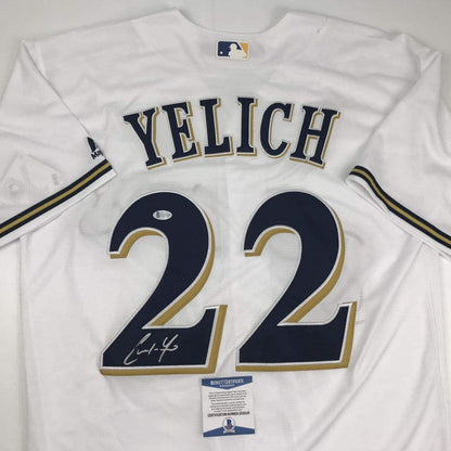 Autographed/Signed Christian Yelich Milwaukee White Baseball Jersey Beckett BAS COA