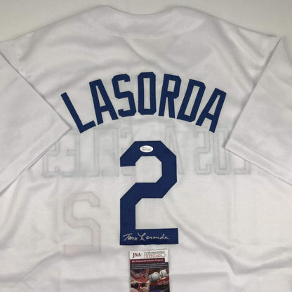 Autographed/Signed Tommy Tom Lasorda Los Angeles LA White Baseball Jersey JSA COA
