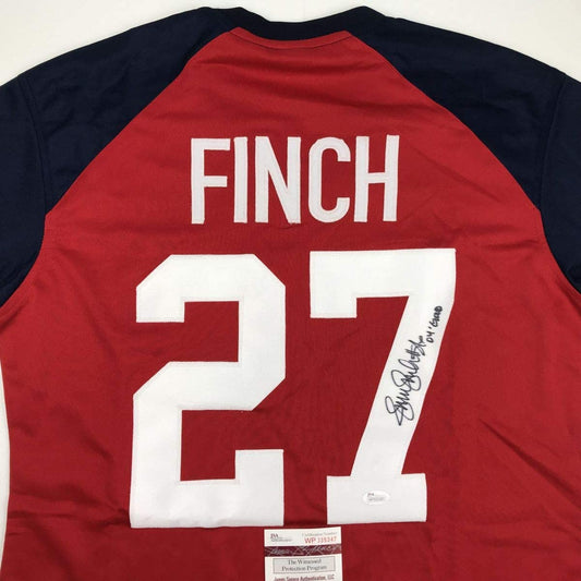 Autographed/Signed Jennie Finch 04 Gold Red Team USA Softball Jersey JSA COA