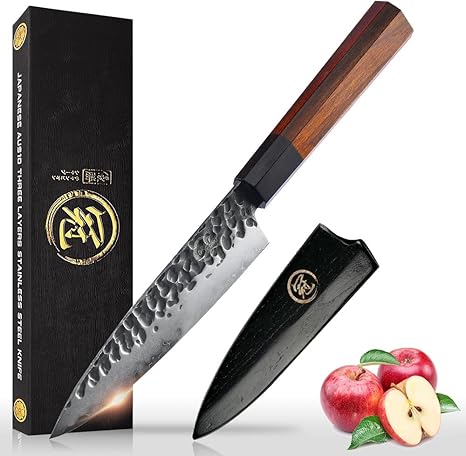 5.5 Inch Paring Knife Handmade Forged Pro Japanese Sharp AUS10 High Carbon 3-layer Vegetable Fruit Knife, Professional Kitchen Small Petty Knife (Rosewood Handle & Gift Box & Sheath)