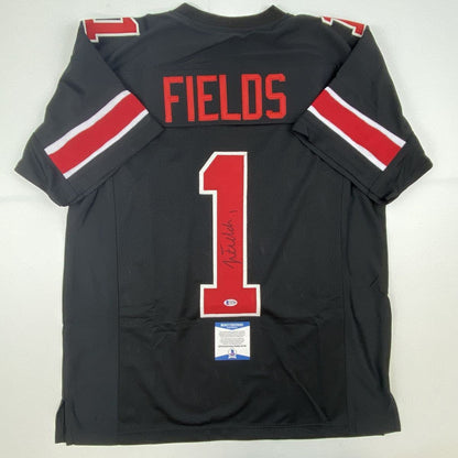 Autographed/Signed Justin Fields Ohio State Black College Football Jersey Beckett BAS COA