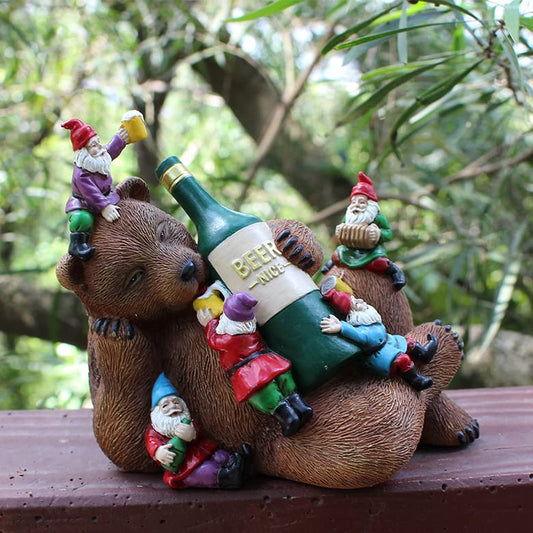Garden Bear and Gnomes Statue Yard Lawn Home Decor