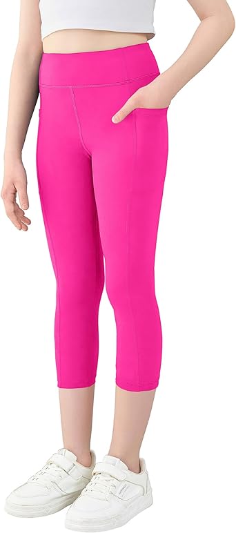 Girls Athletic Capri Leggings, Kids Yoga Pants with Pockets, Teen Girls Stretch Dance Running Workout Pants