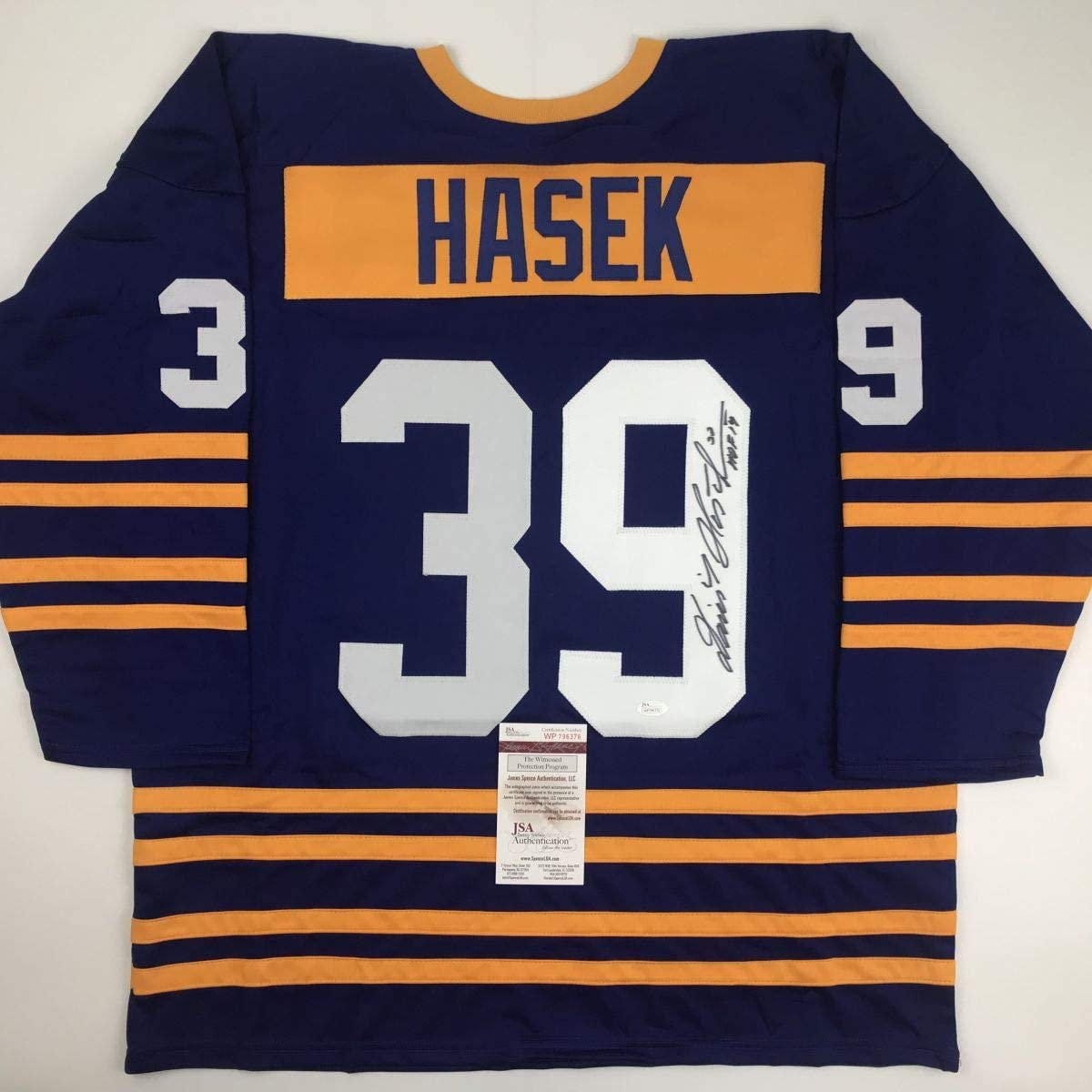 Autographed/Signed Dominik Hasek HOF 14 Buffalo Alternate Blue Hockey Jersey JSA COA