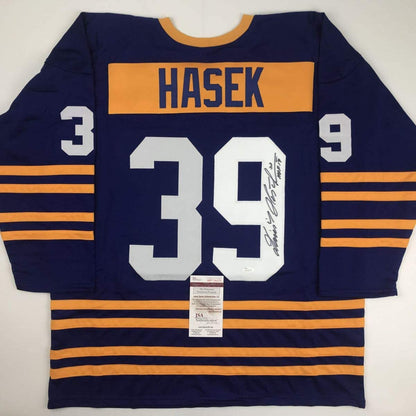 Autographed/Signed Dominik Hasek HOF 14 Buffalo Alternate Blue Hockey Jersey JSA COA