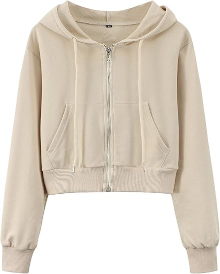 Yimoon Zip Up Hoodie Women Cropped Casual Sweatshirts Workout Long Sleeve Drawstring Hooded Jacket Crop Tops