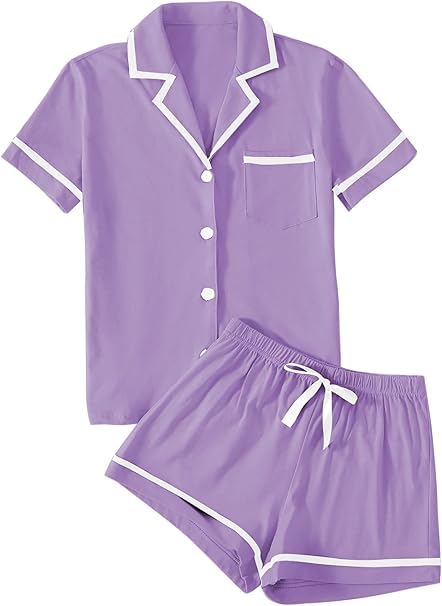 LYANER Women's Cotton Pajamas Set Button Short Sleeve Shirt with Shorts Set PJs Loungewear
