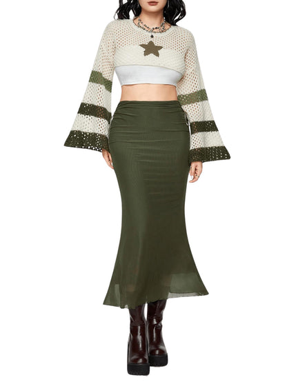 Floerns Women's Drawstring Side Lettuce Trim Mesh Overlay Fishtail Hem Long Skirt Dark Green X-Large