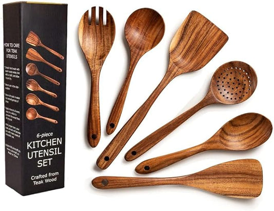 6 Piece Non-Stick Wooden Spoons and Spatulas for Cooking _Ü_ Teak Wooden Cooking Utensil Set _Ü_ Smooth Finish, Soft and Comfortable Grip for Cooking _Ü_ Eco Friendly Natural Teak Utensil Set