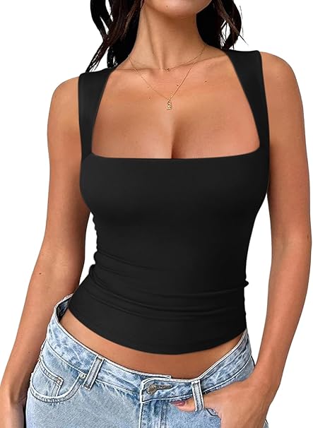 REORIA Butsmoothëå Women's Square Neck Going Out Crop Tops Double Lined Cute Basic Tank Tops 2025 Clothes