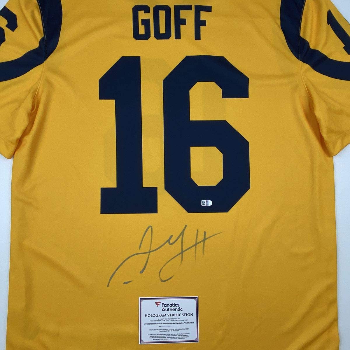 Autographed/Signed Jared Goff Los Angeles LA Yellow Color Rush Football Jersey Fanatics COA