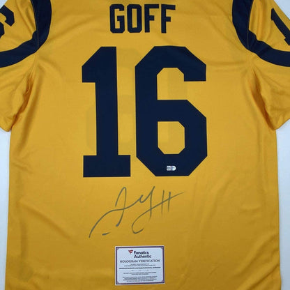 Autographed/Signed Jared Goff Los Angeles LA Yellow Color Rush Football Jersey Fanatics COA