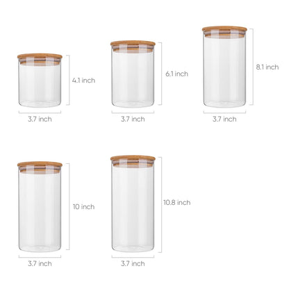 Glass Food Storage Containers, Food Jars with Bamboo Wooden Lids - Set of 5