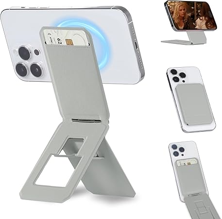 iontech Phone Stand Tripod Wallet Compatible with MagSafe iPhone 16/15/14/13/12 Series, 3 in 1 Strong Magnetic Phone Holder, Vegan Leather Wallet, Lightweight & Adjustable Cell Phone Stand (Grey)