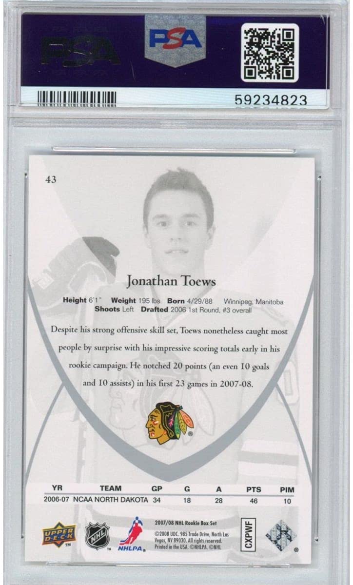 Graded 2007-08 Upper Deck UD Jonathan Toews #43 Rookie Class RC Hockey Card PSA 10 Gem Mint