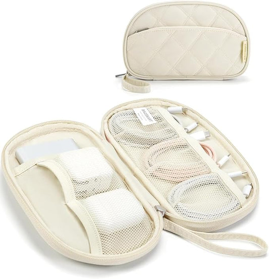 BAGSMART Travel Cord Organizer Electronics Organizer Travel Case, Puffer Cable Organizer Bag Travel Essentials for Women, Small Tech Organizer Travel Case for Charger, Cable, Phone, Flash Drive Beige