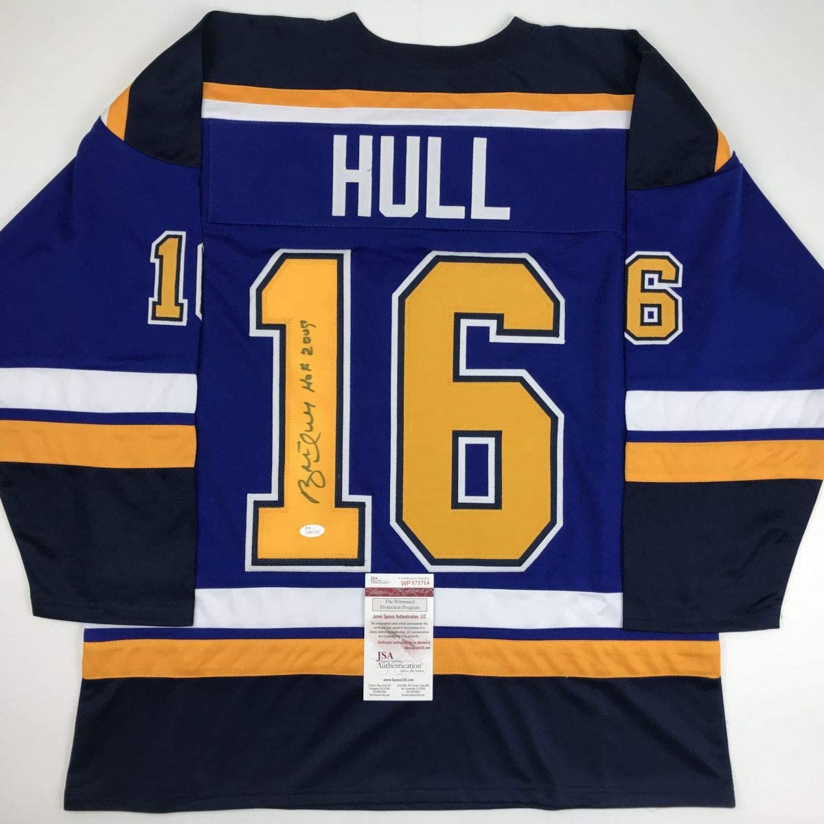 Autographed/Signed Brett Hull HOF 2009 St. Louis Blue Hockey Jersey JSA COA
