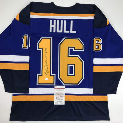 Autographed/Signed Brett Hull HOF 2009 St. Louis Blue Hockey Jersey JSA COA