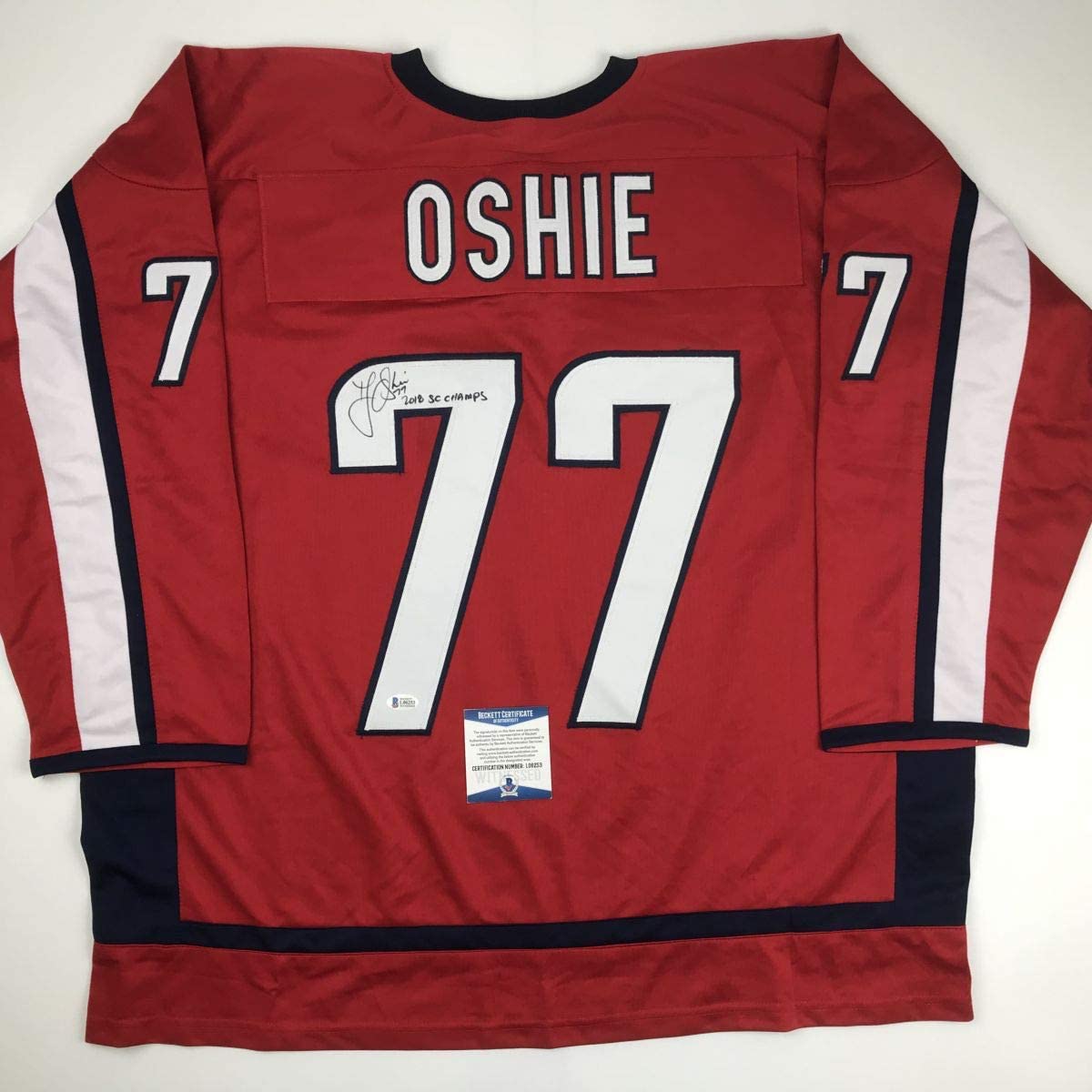 Autographed/Signed TJ T.J. Oshie 2018 SC Champs Washington Custom Red Hockey Jersey Beckett BAS COA