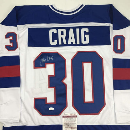 Autographed/Signed Jim Craig White Team USA Miracle On Ice 1980 Olympics Hockey Jersey JSA COA