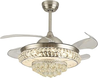 42" Modern Invisible Ceiling Fan Light, 110V LED Chandelier Fan Lamp with 3 Speeds and Remote Control Retractable LED Crystal Chandelier for Living Room Dining Room, Silver