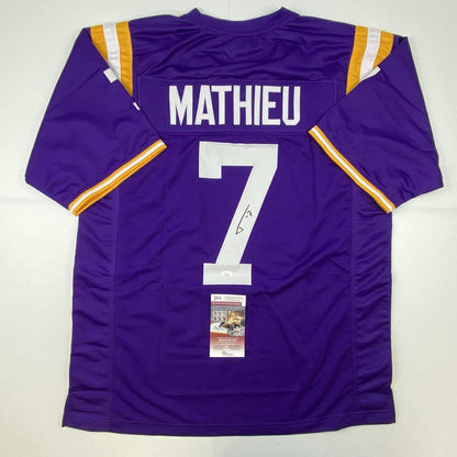 Autographed/Signed Tyrann Mathieu LSU Purple College Football Jersey JSA COA