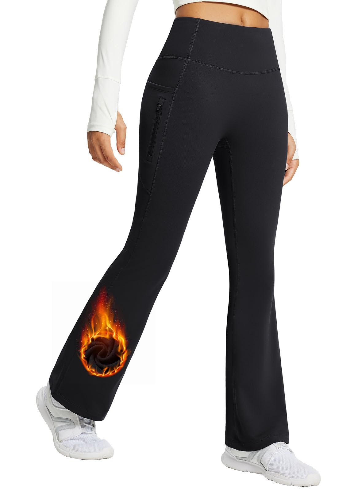 BALEAF Women's Fleece Lined Pants Winter Thermal Warm Yoga Pants Flare Leggings Waterproof Warm Bell Bottom Leggings with Pockets 29'' Black L