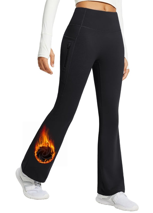 BALEAF Women's Fleece Lined Pants Winter Thermal Warm Yoga Pants Flare Leggings Waterproof Warm Bell Bottom Leggings with Pockets 29'' Black L