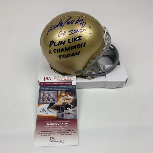 Autographed/Signed Rudy Ruettiger Go Irish Notre Dame Football Mini Helmet JSA COA