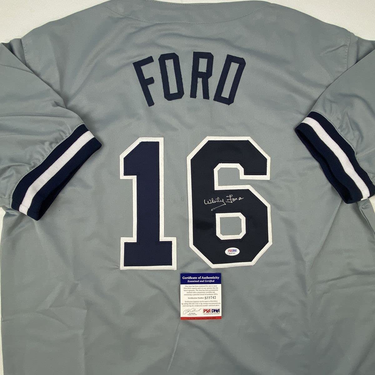Autographed/Signed Whitey Ford New York Grey Baseball Jersey PSA/DNA COA