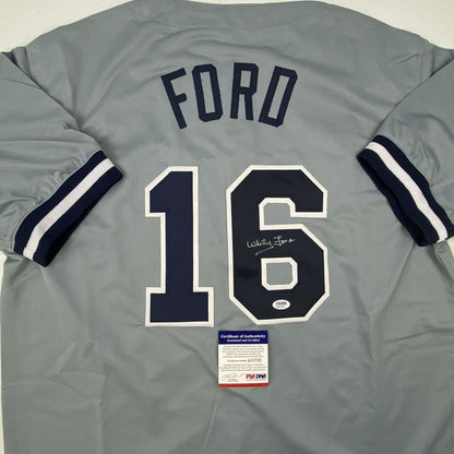 Autographed/Signed Whitey Ford New York Grey Baseball Jersey PSA/DNA COA