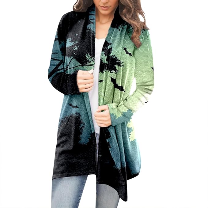Women Halloween Casual Print Long Sleeve Tops Loose Fashion Jacket Daily Cardigan Sweater Hoodie Women Women Halloween Dress