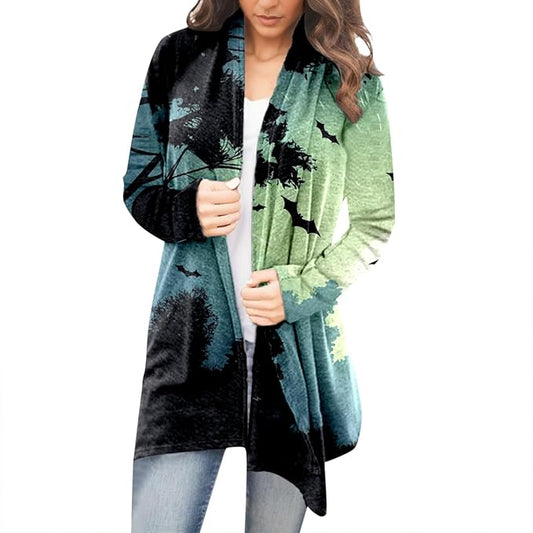 Women Halloween Casual Print Long Sleeve Tops Loose Fashion Jacket Daily Cardigan Sweater Hoodie Women Women Halloween Dress