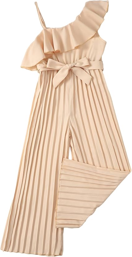 Girls' Jumpsuit Kids Ruffle Trim Halter Waist Belt Wide Leg Pleated Long Romper Tween Gilrs Summer Outfit Size 8-12